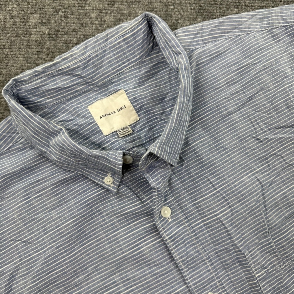 American Eagle Button‎ Down XXL Blue Striped Short Sleeve Mens Shirt